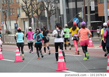 Female runners running hard in the marathon Female runners running hard in the marathon 101107614