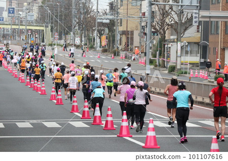 在馬拉鬆比賽中奮力奔跑的女選手 在馬拉鬆比賽中奮力奔跑的女選手 101107616
