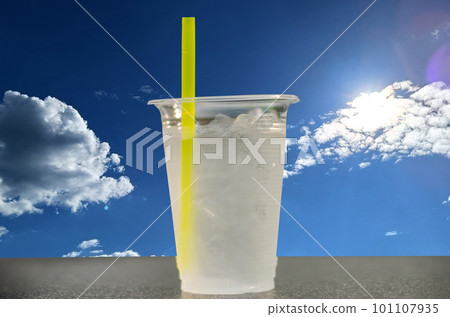 Cold drinking water in a glass help prevents Heat Stroke disease on sunshine, sky and clouds  101107935