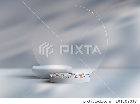 3D realistic empty terrazzo top surface on white podium and stone pedestal stand with circle glass transparent on white background 3D realistic empty terrazzo top surface on white podium and stone pedestal stand with circle glass transparent on white background 101108038