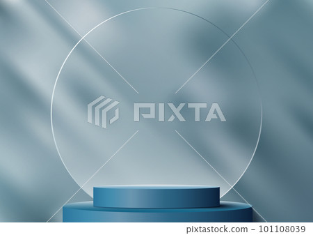 3D realistic modern empty blue cylinder podium stand product display with circle transparent glass backdrop and leaf shadow light blue background 101108039