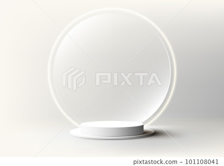 3D realistic empty white podium stand and circle transparent glass backdrop and neon round lighting minimal wall scene on clean background 101108041