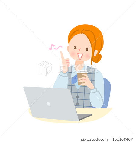 Smiling woman drinking coffee and taking a break at work Smiling woman drinking coffee and taking a break at work 101108407