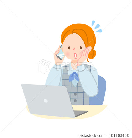 A woman talking on a smartphone while operating a laptop A woman talking on a smartphone while operating a laptop 101108408