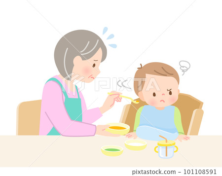 一個用嬰兒食品餵嬰兒的祖母和一個不喜歡嬰兒食品的嬰兒 一個用嬰兒食品餵嬰兒的祖母和一個不喜歡嬰兒食品的嬰兒 101108591