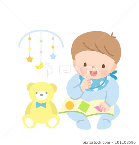 看圖畫書的微笑的嬰孩 101108596