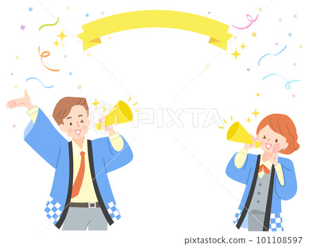 Male and female salespeople in happi coats calling out with megaphones 101108597