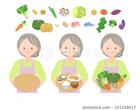 圍裙的資深婦女運載菜和飯食 101108617