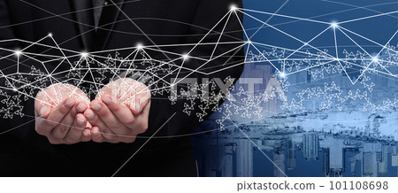 Businessman hands on the background of city silhouette. Communication, technology, IoT, internet Businessman hands on the background of city silhouette. Communication, technology, IoT, internet 101108698
