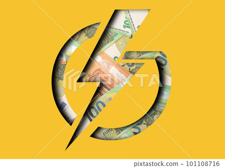 Energy costs with flash symbol and euro banknotes. Energy world crisis concept 101108716