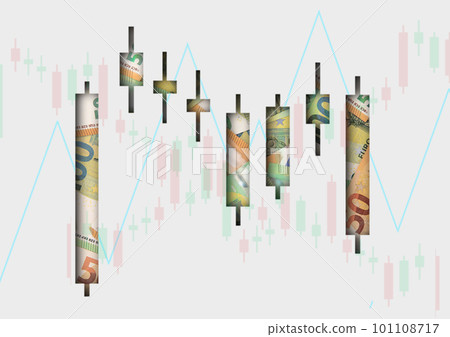 Candle stick graph chart of stock trading market investment with euro banknotes 101108717