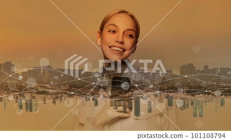 Happy young woman listening to music or podcast Happy young woman listening to music or podcast 101108794