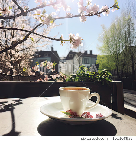 AI generative Cup of coffee with cherry blossoms on the terrace AI generative Cup of coffee with cherry blossoms on the terrace 101108953
