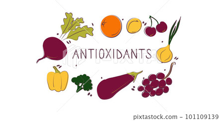 Antioxidants-containing food. Groups of healthy products containing vitamins and minerals. Set of fruits, vegetables, meats, fish and dairy. 101109139