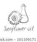 Sunflower oil glass bottle color line icon. Hand-written inscription 101109171