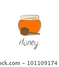 Honey jar and wooden dipper icon. Simple cartoon illustration 101109174
