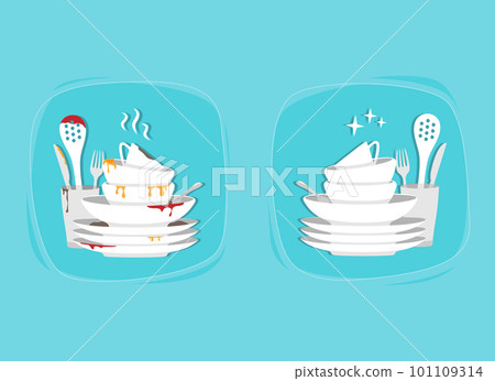 Clean and dirty plate, bowl, dirt and leftovers. Isolated vestor illustration, before and after 101109314