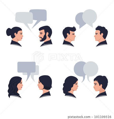 Speaking people. Couple conversation, dialogue bubbles and chat avatars profile portraits talk together vector Speaking people. Couple conversation, dialogue bubbles and chat avatars profile portraits talk together vector 101109316
