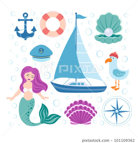 cartoon nautical set isolated on white, vector illustration 101109362