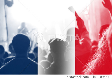 Protests France Paris. France flag. Protest in France. Rise hand. Pension reforms. Retirement age. Out of focus 101109555