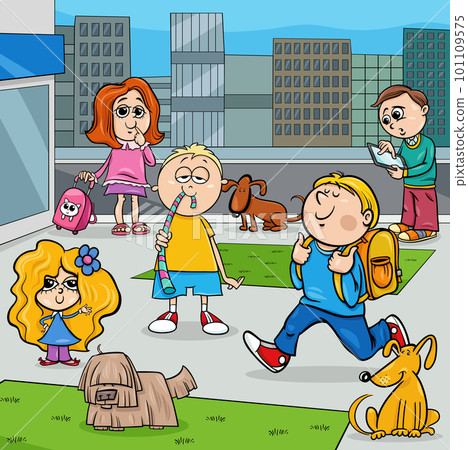 cartoon children group in the city square cartoon children group in the city square 101109575
