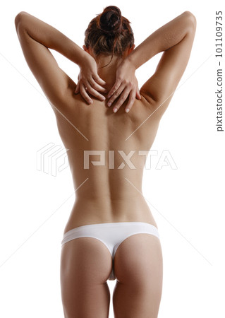 Closeup Of Beautiful Woman Body In Underwear Holding Panty Liner Stock  Photo