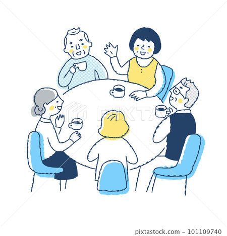 Senior men and women enjoying tea peacefully around the table Senior men and women enjoying tea peacefully around the table 101109740