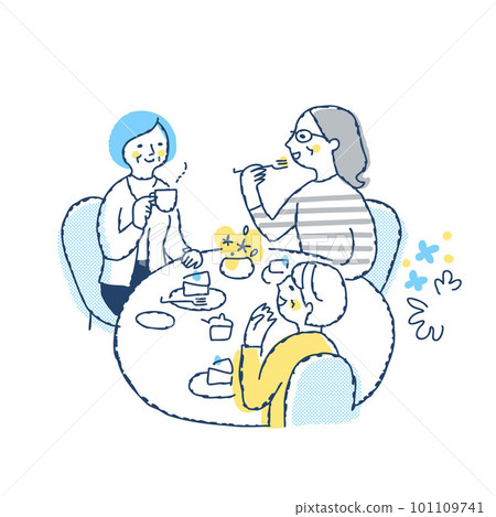 Three women enjoying tea around a table Three women enjoying tea around a table 101109741