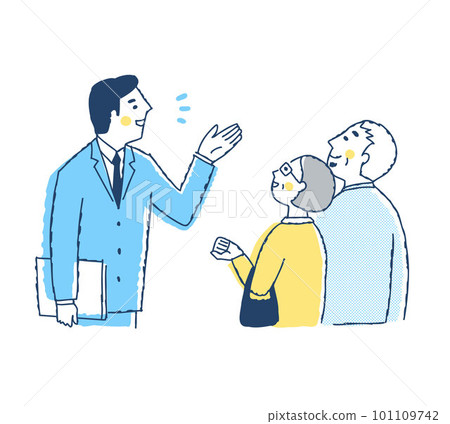 Businessman explaining to senior couple 101109742