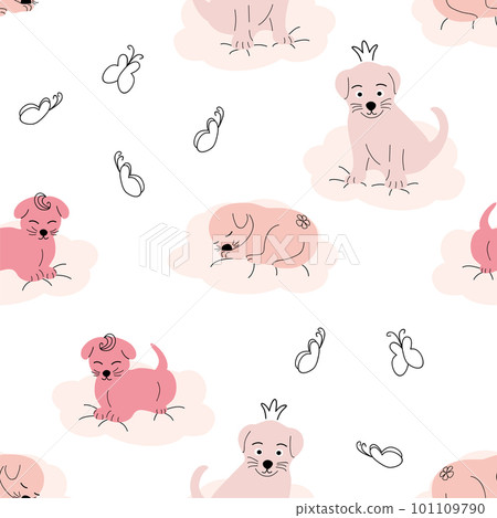 Cute sleeping puppy, clouds, stars, crown, butterflies Seamless pattern. Gentle colors. For newborns 101109790