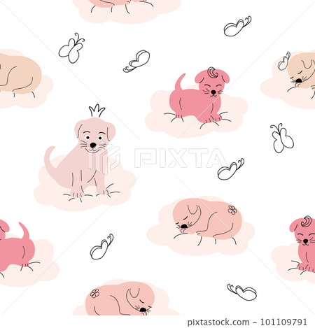 Cute sleeping puppy, clouds, stars, crown, butterflies Seamless pattern. Gentle colors. For newborns 101109791
