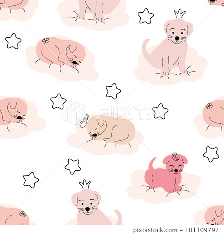 Cute sleeping puppy, clouds, stars, crown, butterflies Seamless pattern. Gentle colors. For newborns 101109792