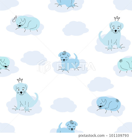Cute sleeping puppy, clouds, stars, crown, butterflies Seamless pattern. Gentle colors. For newborns 101109793