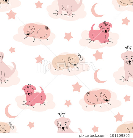 Cute sleeping puppy, clouds, stars, crown, butterflies Seamless pattern. Gentle colors. For newborns 101109805
