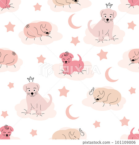 Cute sleeping puppy, clouds, stars, crown, butterflies Seamless pattern. Gentle colors. For newborns Cute sleeping puppy, clouds, stars, crown, butterflies Seamless pattern. Gentle colors. For newborns 101109806