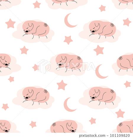 Cute sleeping puppy, clouds, stars, crown, butterflies Seamless pattern. Gentle colors. For newborns 101109820