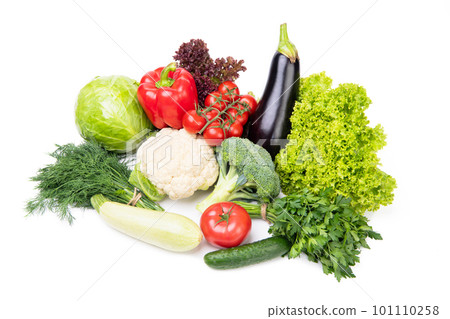 variety of fresh and ripe vegetables isolated on white. green grocery 101110258