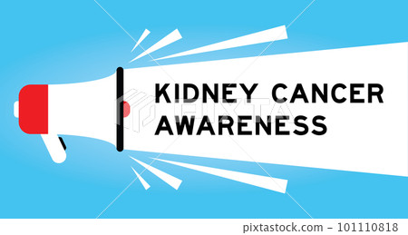 Color megaphone icon with word kidney cancer awareness in white banner on blue background Color megaphone icon with word kidney cancer awareness in white banner on blue background 101110818