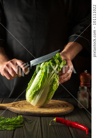 Chef or cook cuts fresh napa cabbage with knife for salad on a vintage kitchen table with fresh vegetables. Cooking and restaurant or cafe concept. 101111022