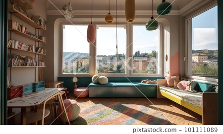 AI generative Interior of a child's room with a window overlooking the city 101111089