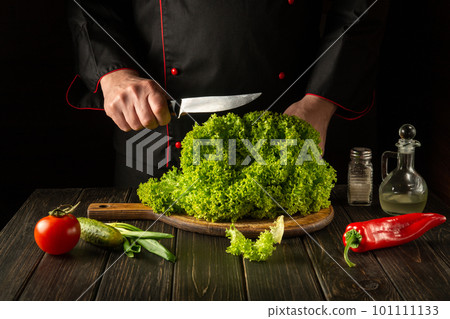 A professional chef prepares diet food from Lettuce. Cutting green leaves with a knife in the kitchen. The idea of a vegetable diet. A professional chef prepares diet food from Lettuce. Cutting green leaves with a knife in the kitchen. The idea of a vegetable diet. 101111133