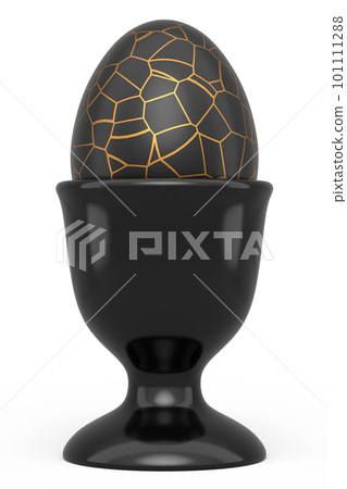 Easter egg with gold and black pattern in egg cup isolated on white background 101111288