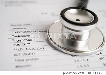 Stethoscope on blood test report, egfr, cholesterol, triglyceride, hdl, ldl. 101111333