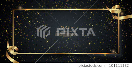 Luxury frame golden design style and gold curved ribbon on black background with lighting effect and glitter with copy space for text. Luxury frame golden design style and gold curved ribbon on black background with lighting effect and glitter with copy space for text. 101111382
