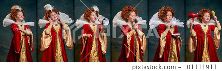 Set of portraits of little redhead girl in image of medieval royal person posing against dark vintage background 101111911