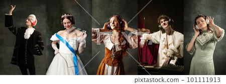 Set of portraits of young royal people listening to music in headphones against dark green background 101111913