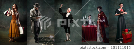 Set of people of different eras posing against dark green background. Royal person, detective Set of people of different eras posing against dark green background. Royal person, detective 101111915