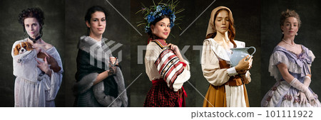 Portraits of beautiful women in different culture clothes, royal, historical persons posing against dark green background. 101111922