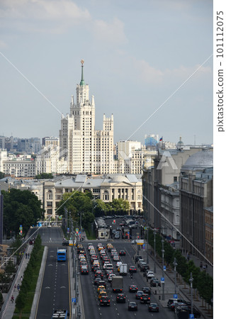 Vertical shot of a huge skyscraper - one of Moscow's Seven Sisters buildings, Russia 101112075