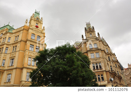 Low angle view of classic apartment buildings in Prague, Czech Republic 101112076